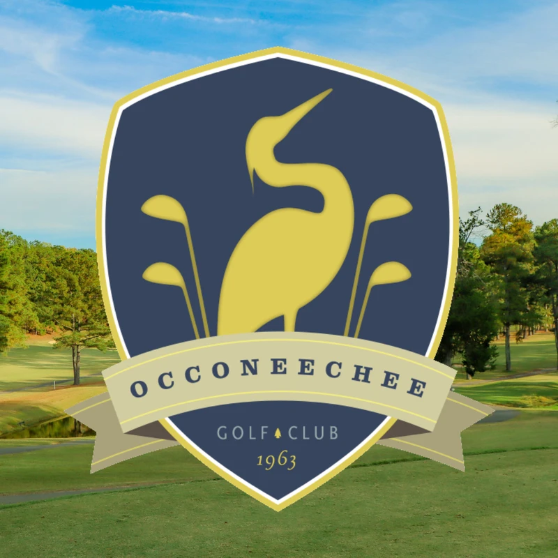 The Occoneechee Golf Club logo, featuring a gold heron, is superimposed over a sunny, green golf course with trees and a blue sky.