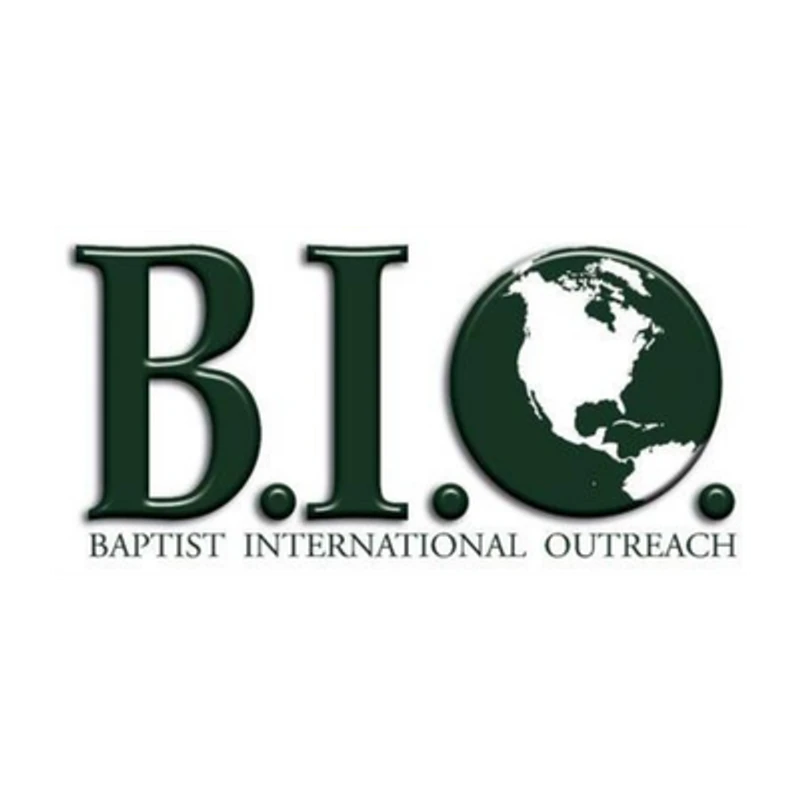 The logo for Baptist International Outreach, with the letters B.I.O. The letter O is a dark green globe showing the continent of North America.