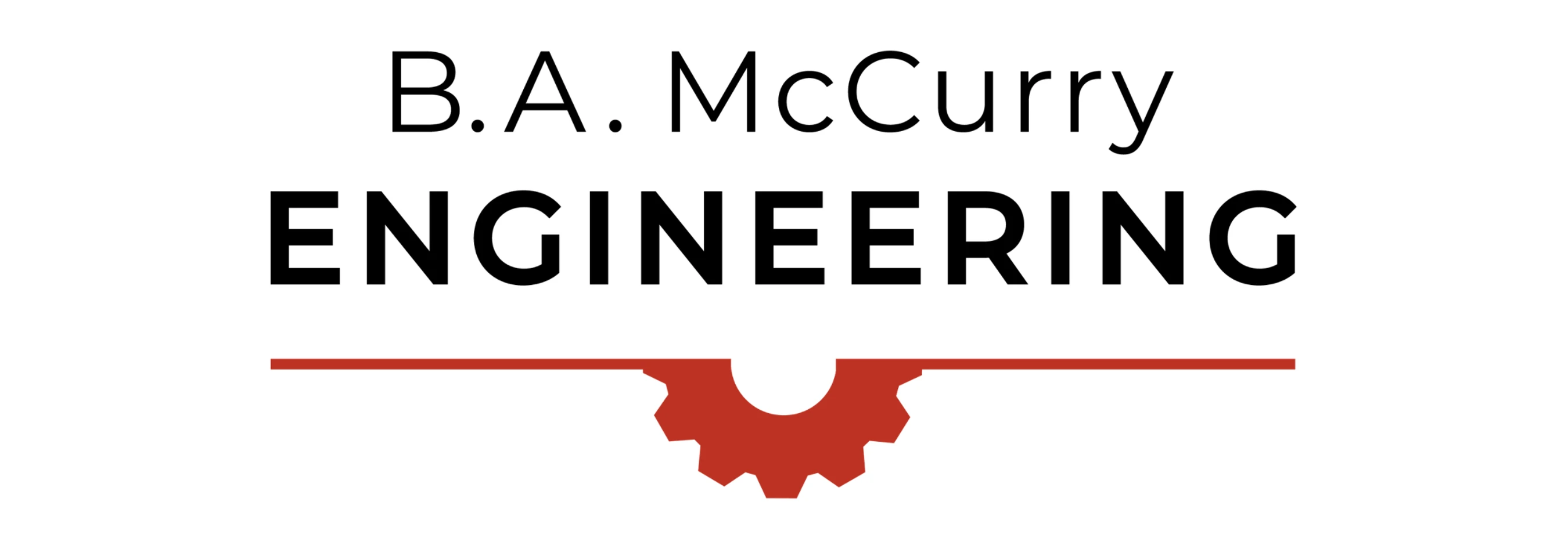 The logo for B.A. McCurry Engineering, with the company name in black text above a red horizontal line featuring an integrated red gear icon.