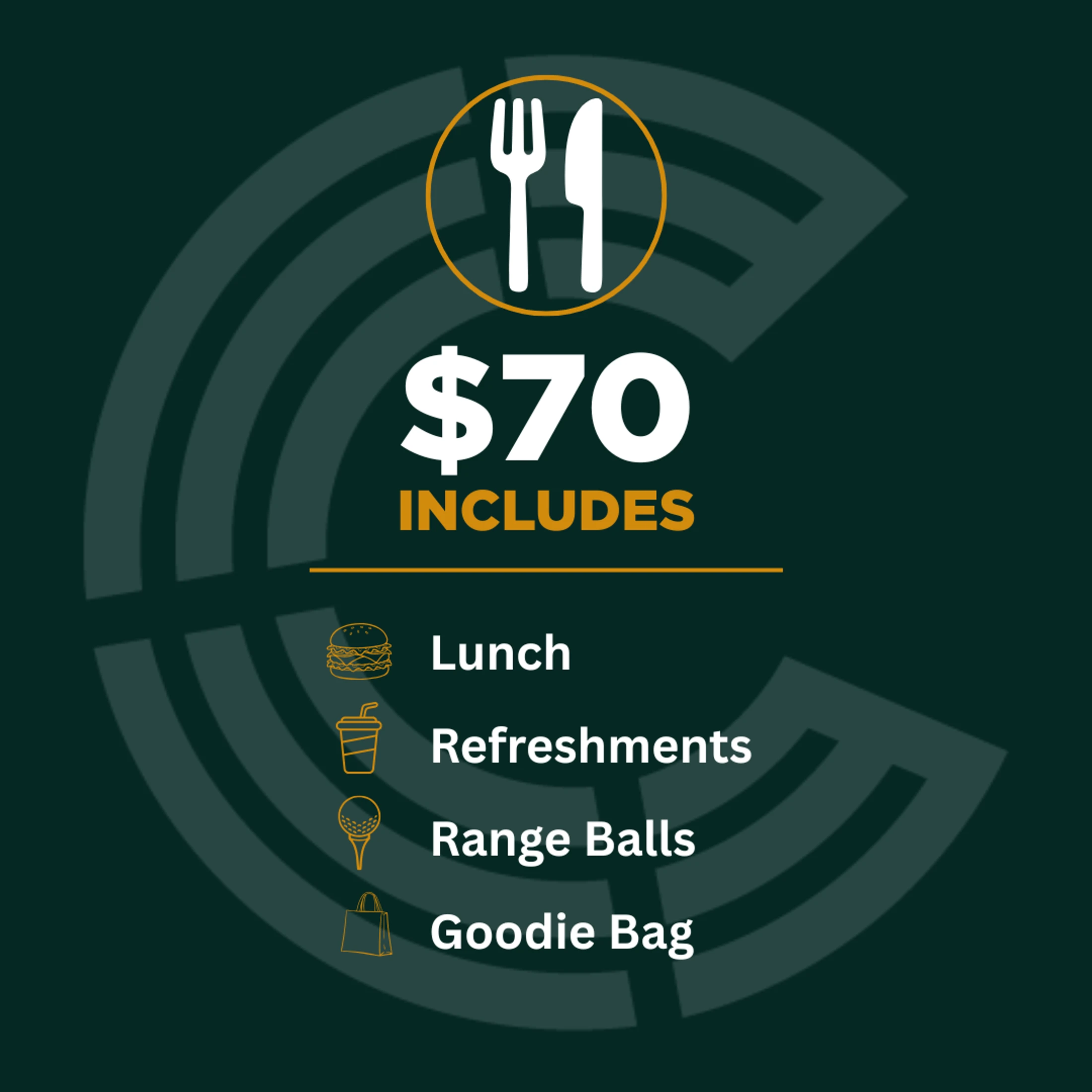 A dark green graphic advertising a $70 package. It includes lunch, refreshments, range balls, and a goodie bag, with icons for each item.