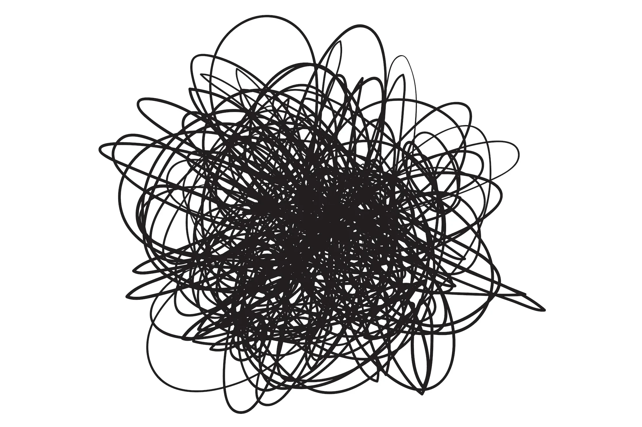 A chaotic, tangled scribble of a single black line forming a dense, messy ball shape against a stark white background.