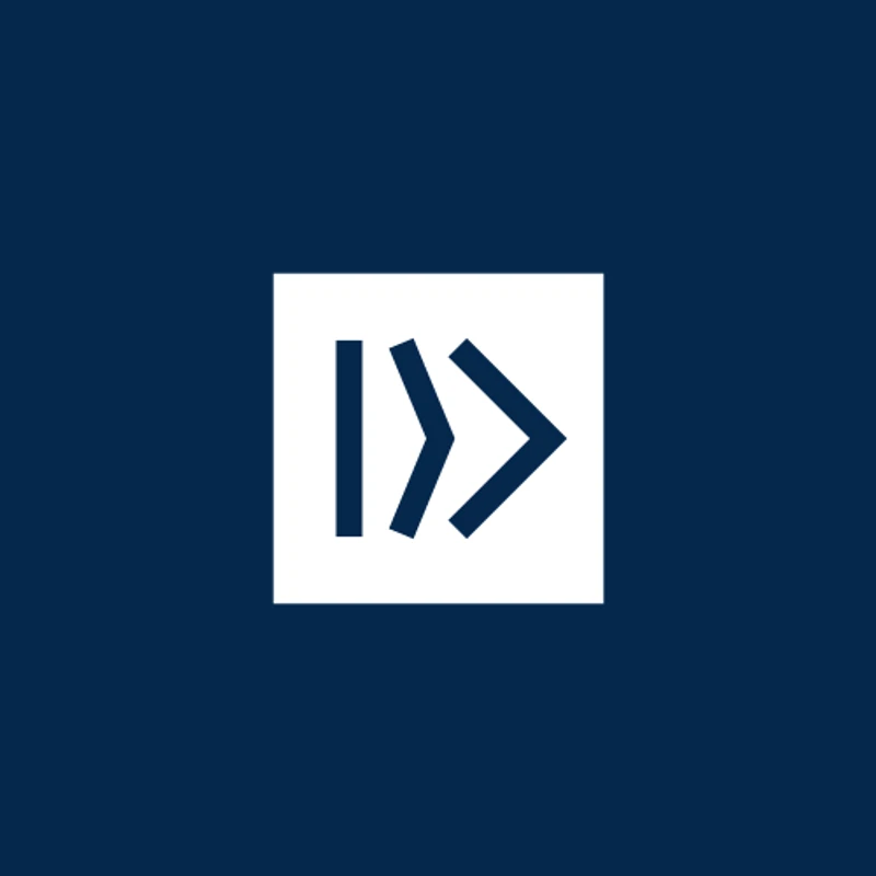 A white square on a dark blue background contains a series of blue abstract shapes suggesting forward motion: a vertical line and two right-pointing chevrons.