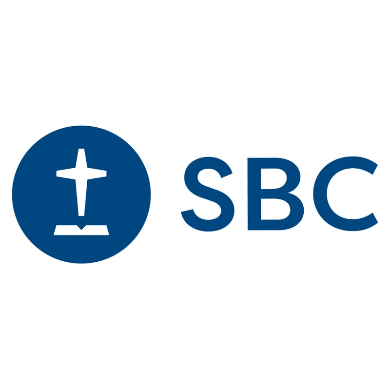 The logo for the Southern Baptist Convention (SBC), showing a white cross and open book in a blue circle next to the acronym SBC in blue letters.