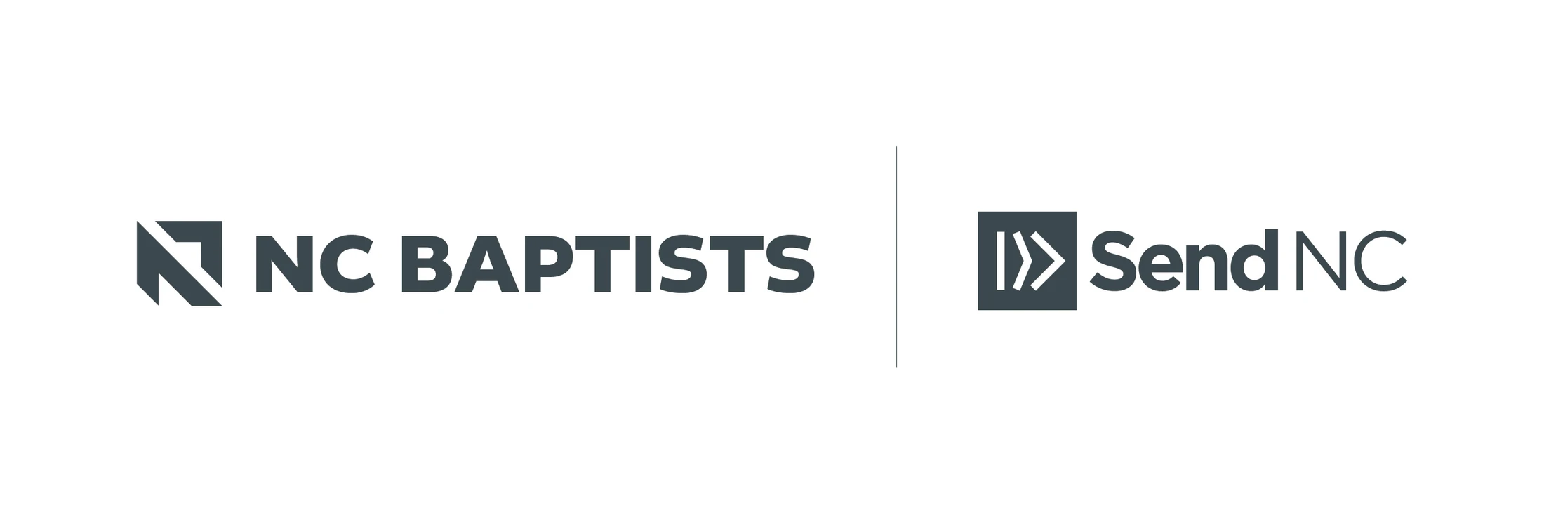 The NC Baptists logo and the Send NC logo are displayed side-by-side in dark gray text and graphics on a white background, separated by a thin line.