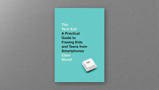 The turquoise cover of the book 'The Tech Exit' by Clare Morell, featuring an 'Esc' key. The book lies flat on a textured gray background.