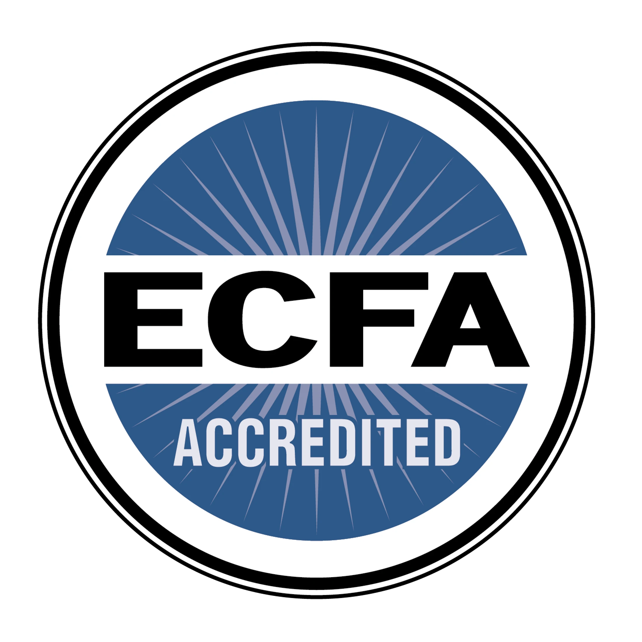 The ECFA Accredited seal, a circular logo with a blue sunburst design. The text reads ECFA in large black letters and ACCREDITED below.