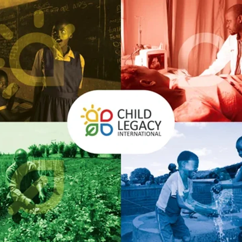 A collage showing four images: children in a classroom, a doctor giving an ultrasound, a farmer in a field, and children at a water pump, with a central logo.