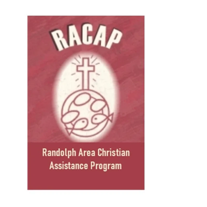 The logo for the Randolph Area Christian Assistance Program on a red background, featuring a cross above illustrations of loaves and fishes.
