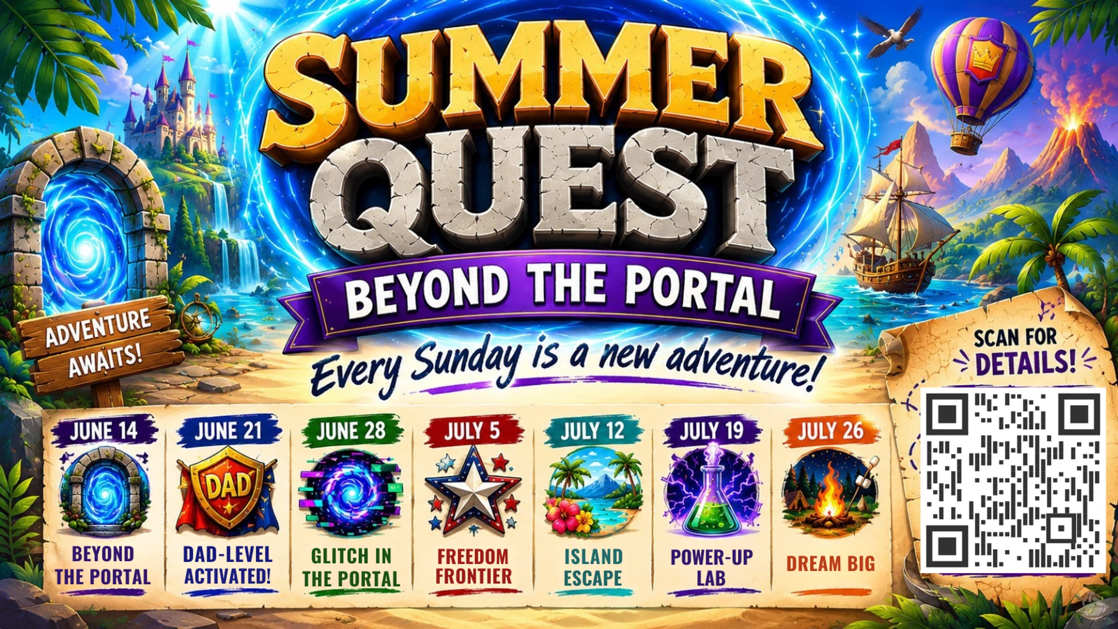 A colorful promotional poster for "Summer Quest: Beyond the Portal," detailing themed Sunday events from June to July with a QR code for more information.