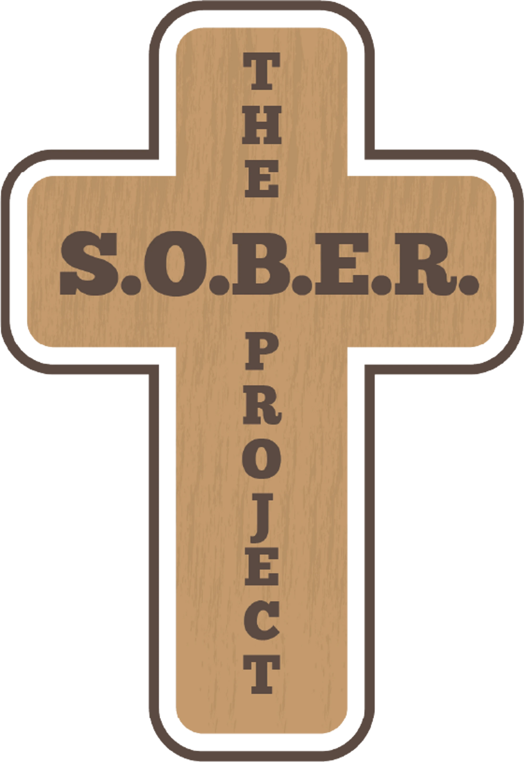 Logo for The S.O.B.E.R. Project shaped like a wooden cross with the name of the project written in brown text across the arms.