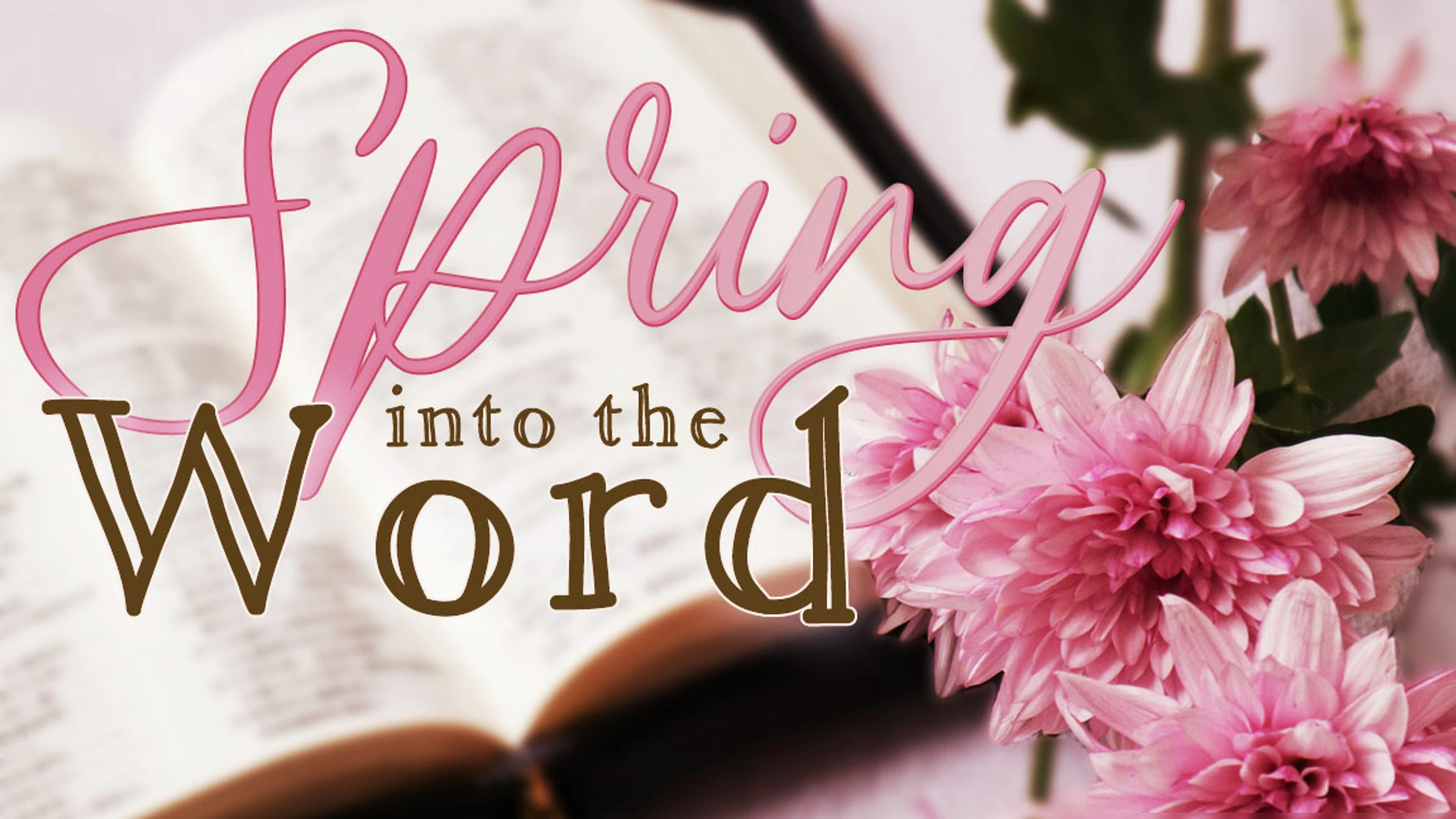 The text 'Spring into the Word' in pink and brown script is overlaid on a background of an open book and pink chrysanthemum flowers.