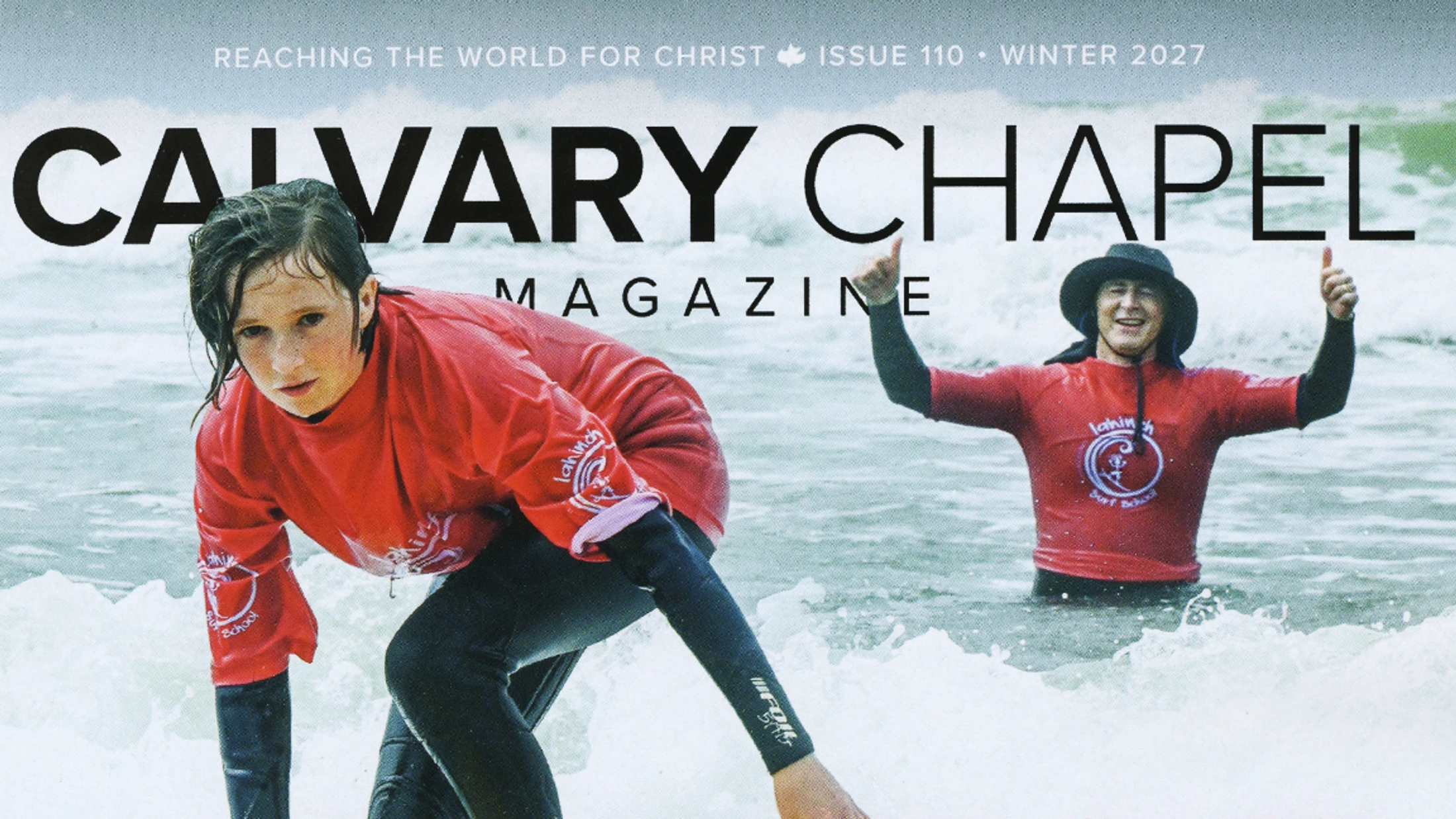 The cover of Calvary Chapel Magazine shows a young person on a surfboard, while a smiling instructor in the background gives a double thumbs-up.