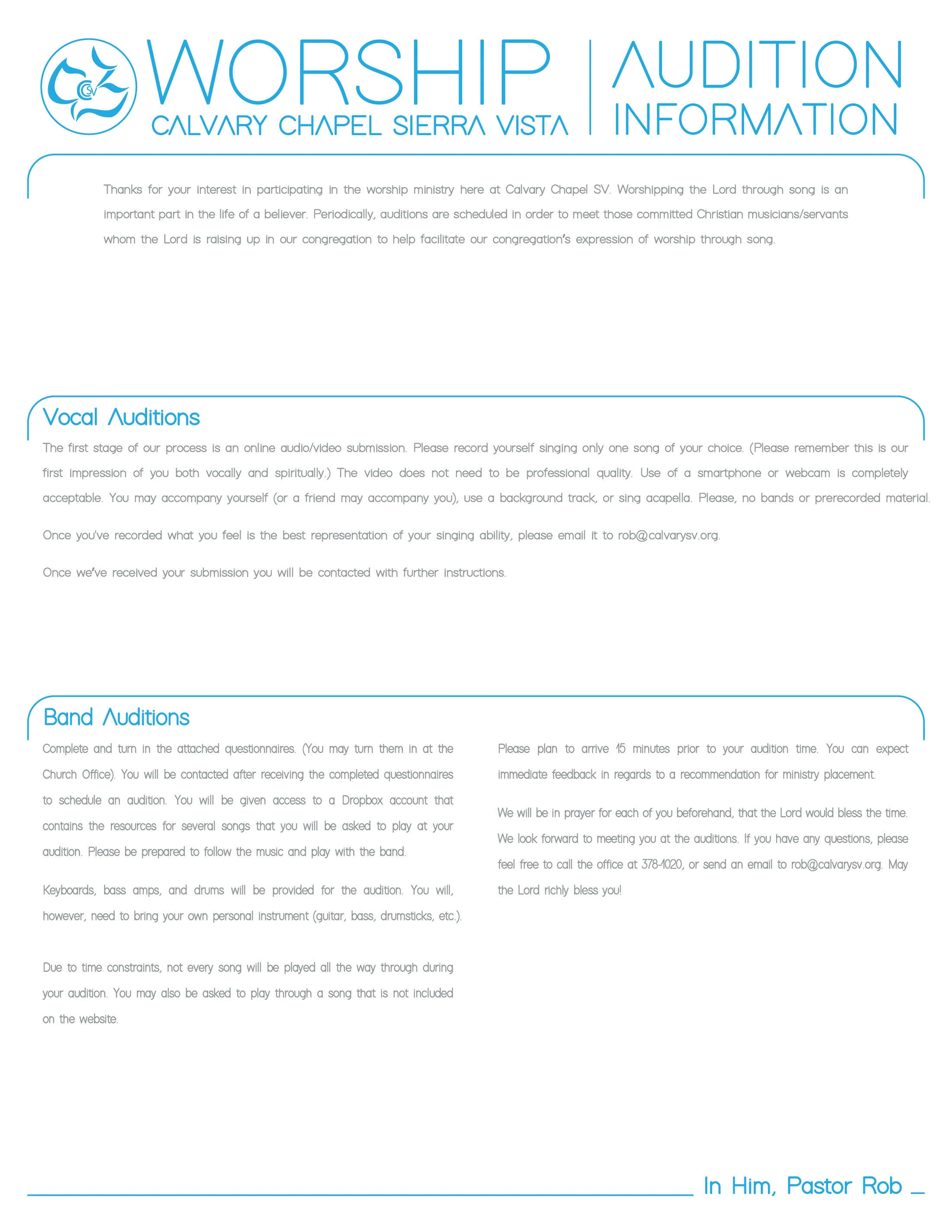 An informational flyer from Calvary Chapel Sierra Vista detailing the process for vocal and band auditions for their worship ministry.