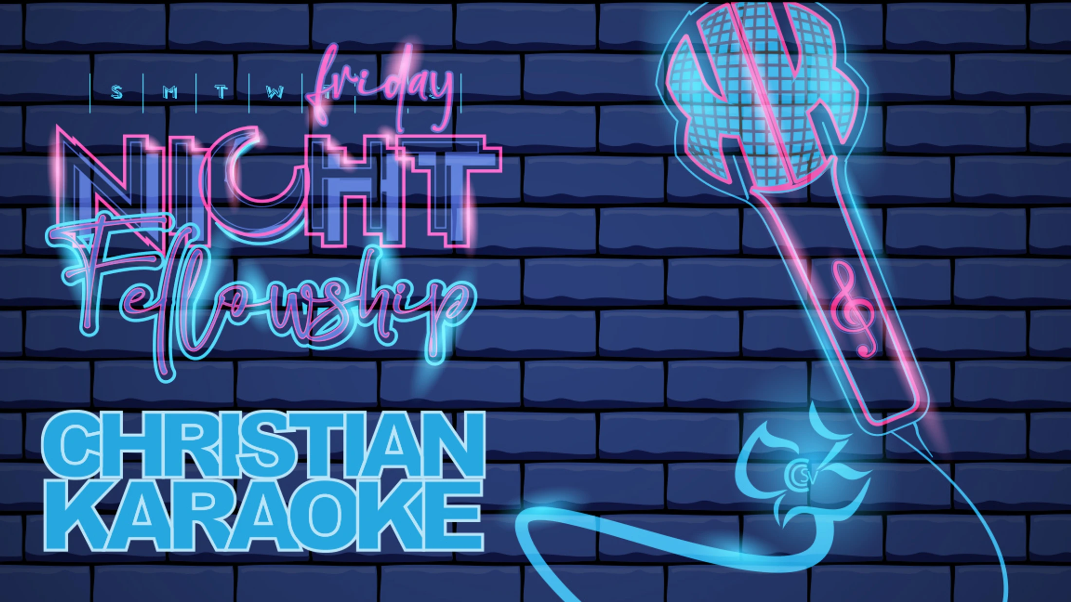 A graphic for a 'Friday Night Fellowship Christian Karaoke' event, with pink and blue neon text and a microphone illustration against a dark brick wall.