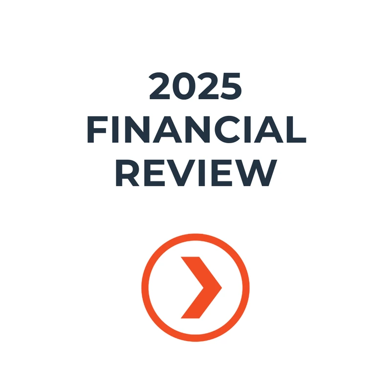 A graphic with the text "2025 Financial Review" in dark blue, above an orange circle containing a right-pointing arrow.