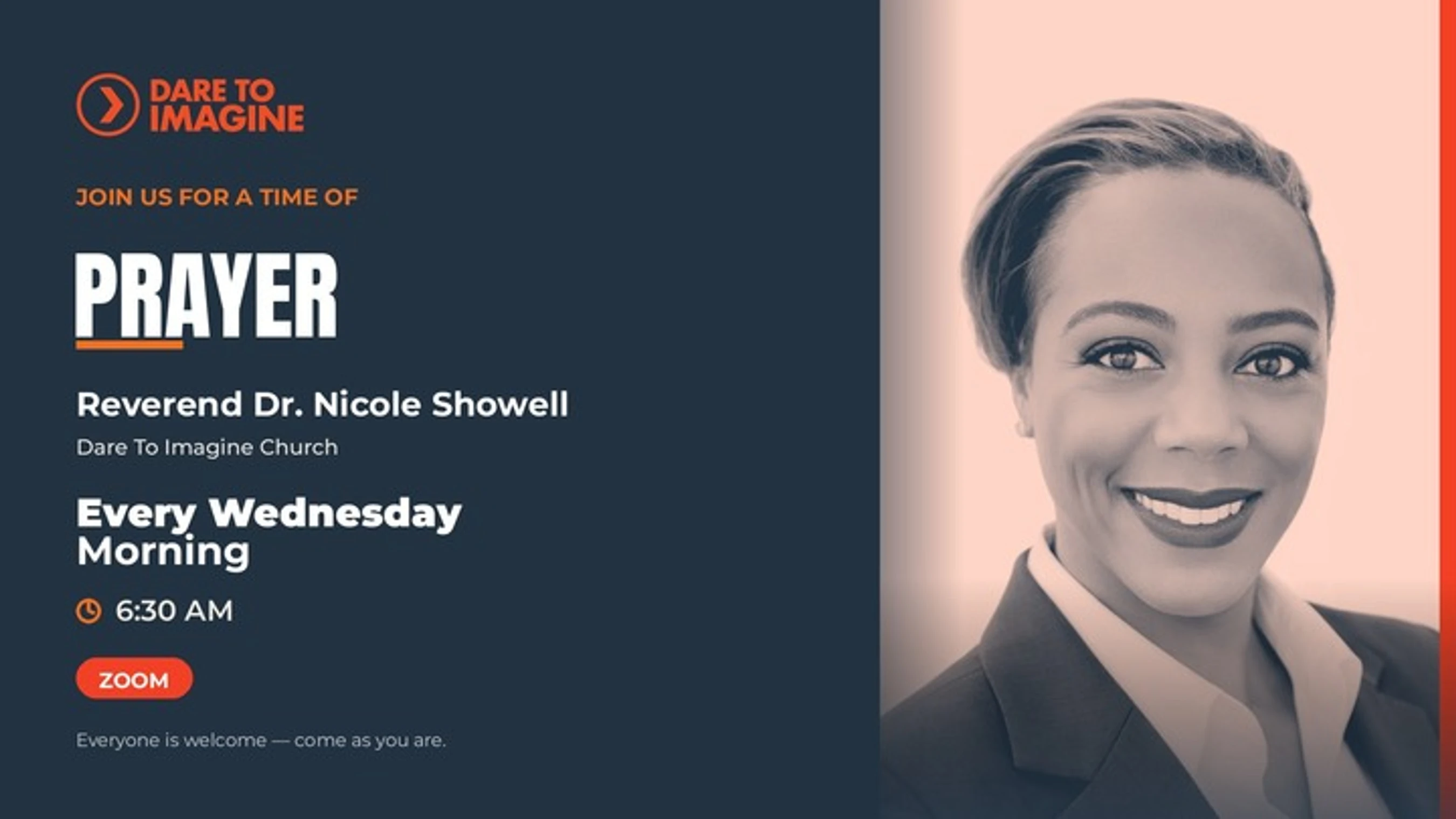 An event graphic for Wednesday morning prayer at 6:30 AM via Zoom with Reverend Dr. Nicole Showell. A photo of her smiling is on the right.
