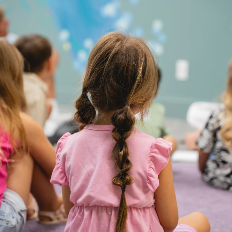 A group of young children sit on a purple floor, seen from behind. The focus is on a girl in a pink dress with her brown hair styled in a long braid.