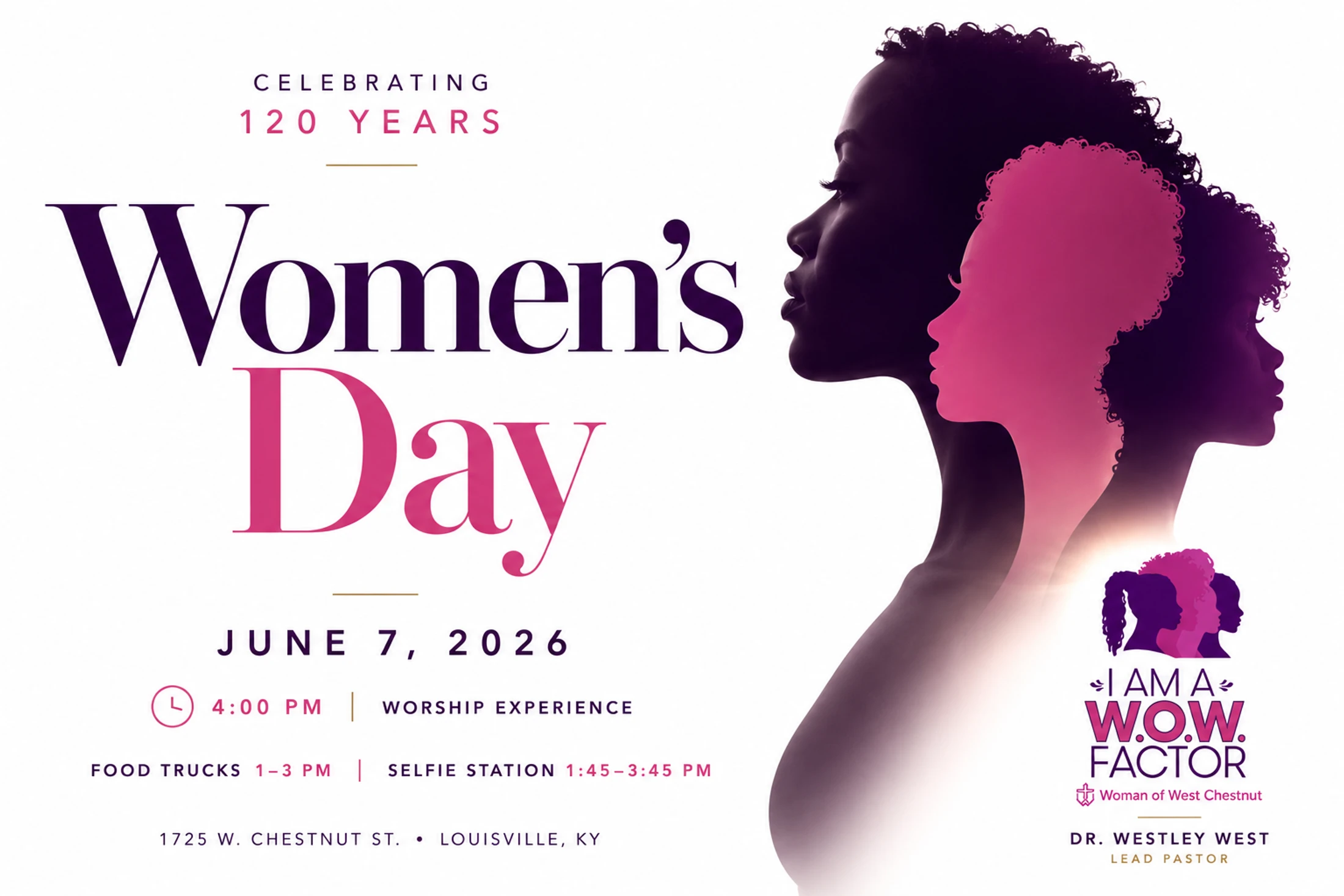 A flyer for a Women's Day celebration on June 7, 2026. It features silhouettes of three Black women and details about food trucks and a worship experience.
