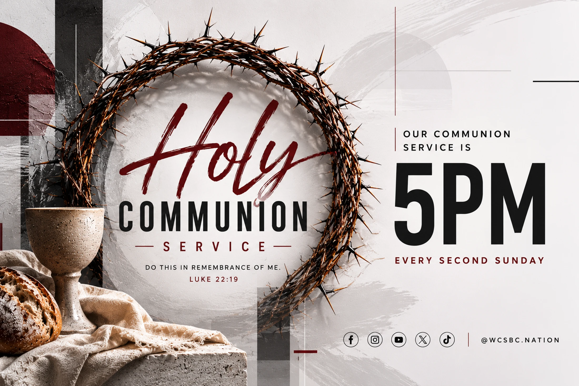 A graphic for a Holy Communion service featuring a crown of thorns, bread, and a chalice. Text announces the service is at 5 PM every second Sunday.