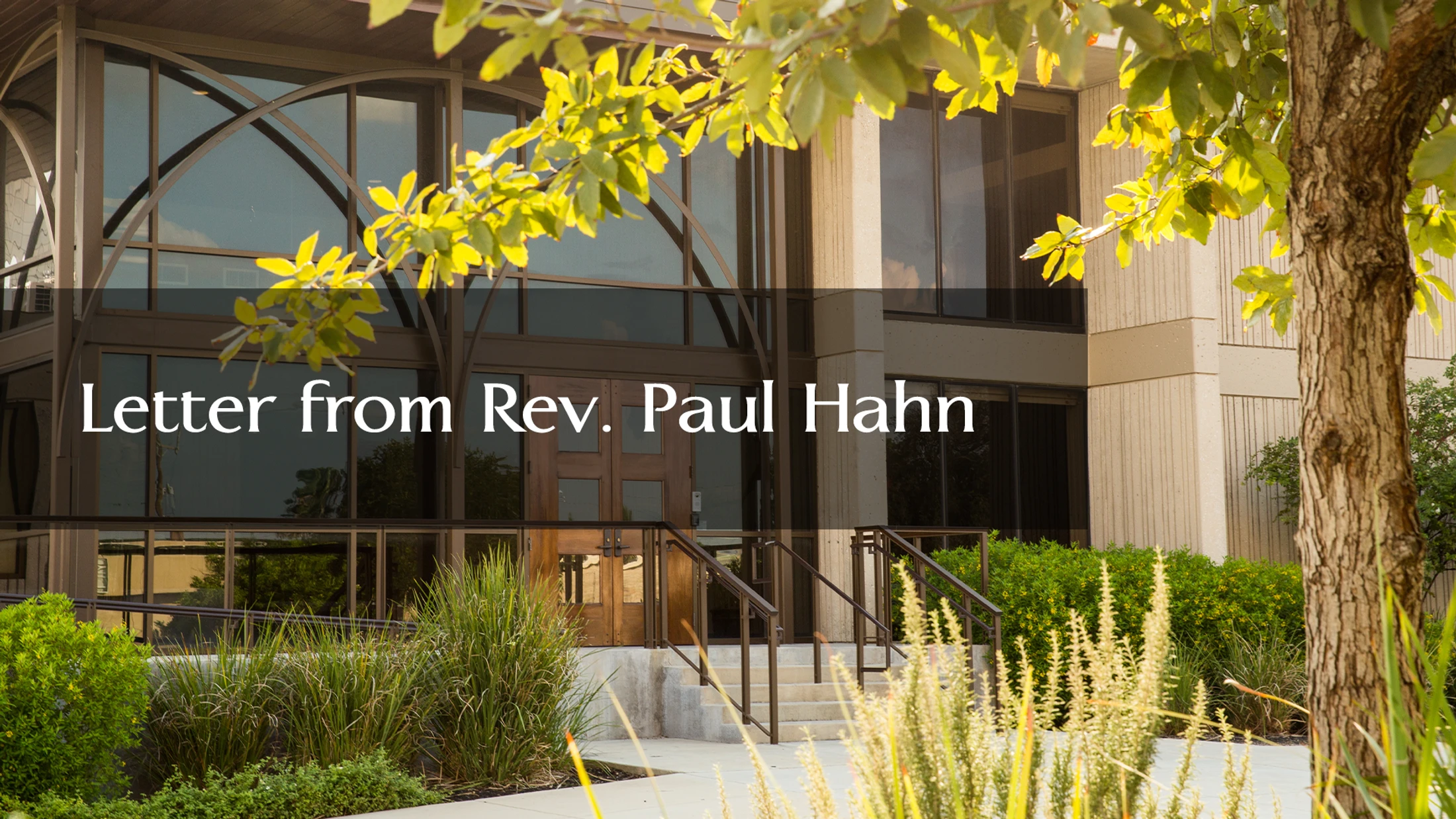 The exterior of a modern building with large, arched windows, viewed through sunlit green leaves. Text overlay reads: Letter from Rev. Paul Hahn.