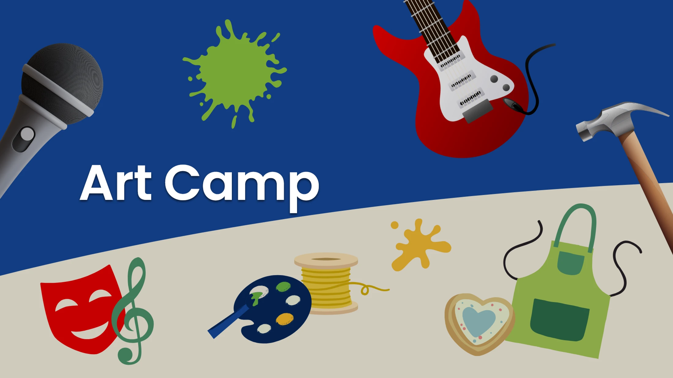 A graphic for an Art Camp showing illustrations of activities like music, painting, theater, and crafts, with a microphone, guitar, and art supplies.