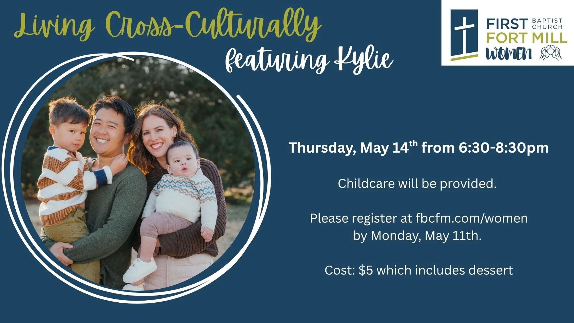 A promotional graphic for a women's church event called 'Living Cross-Culturally'. It features a photo of a smiling mixed-race family and event details.