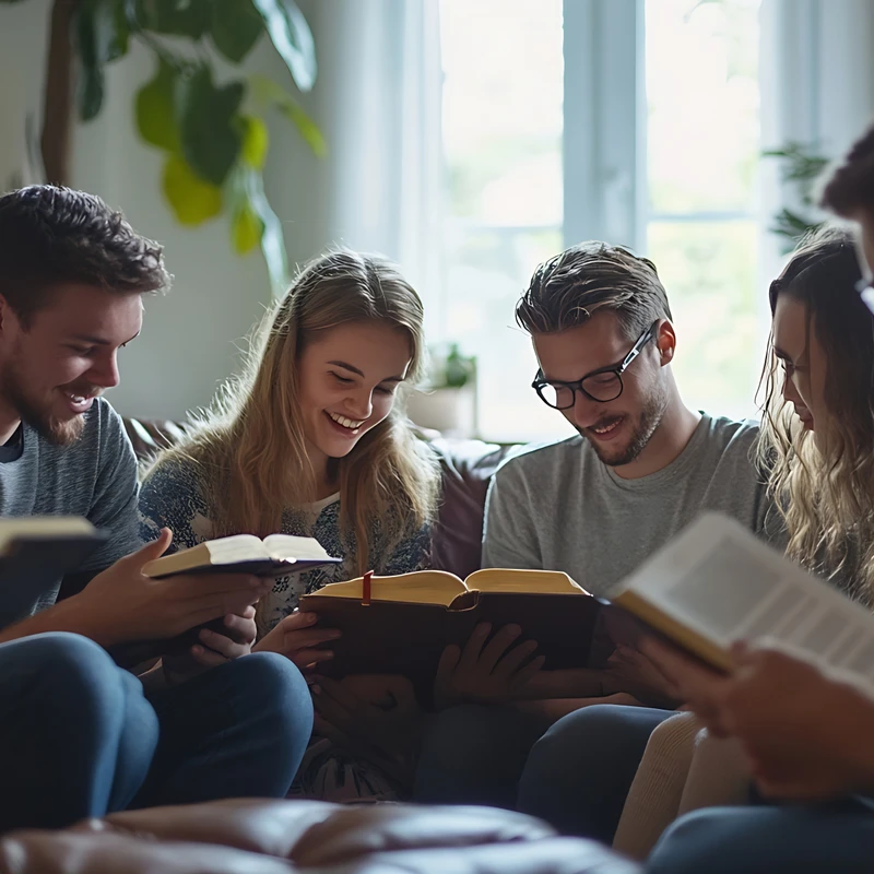 A group of smiling young adults sits together on a couch, each holding and reading a book in a casual living room setting during a group study.