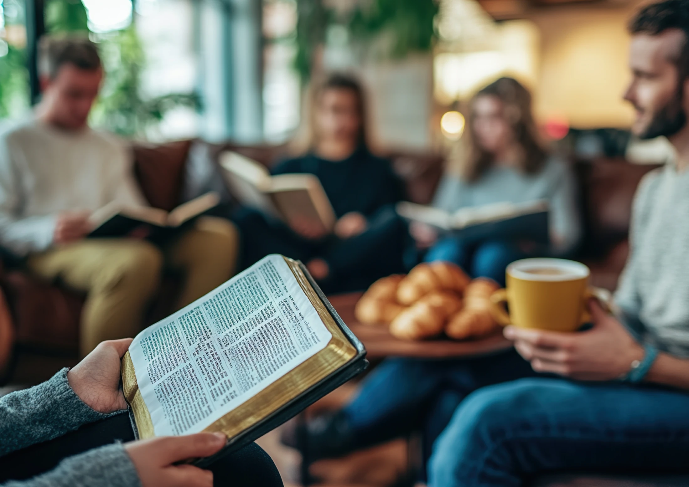 A close-up of a person holding an open Bible during a group study. In the blurred background, other people are reading with coffee and croissants on a table.