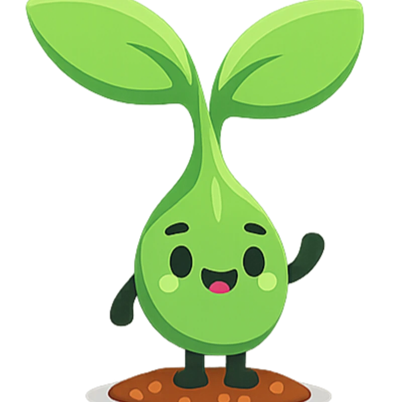 A cartoon illustration of a happy green sprout with a face, arms, and legs. It's standing on a patch of soil and waving with one arm.