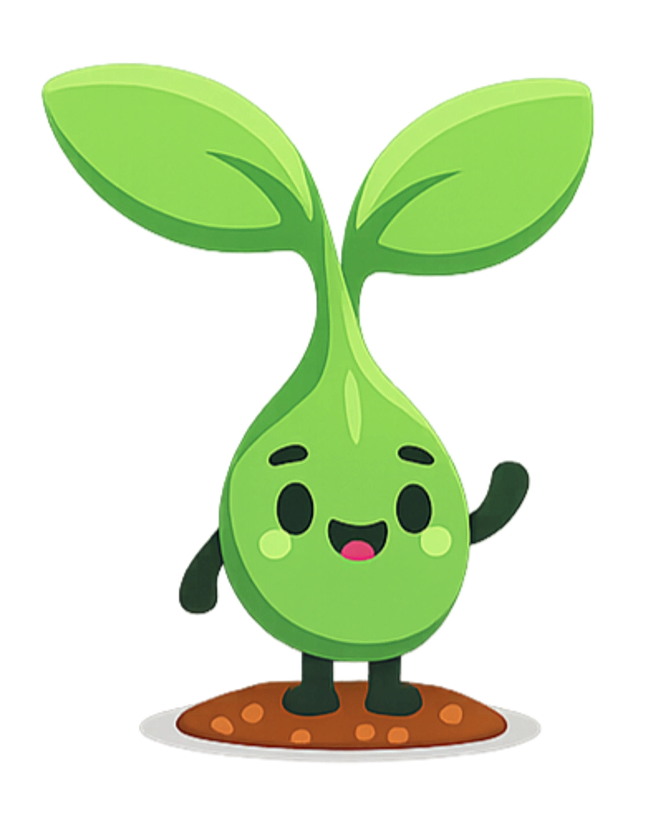 A cartoon illustration of a happy green sprout with a face, arms, and legs. It's standing on a patch of soil and waving with one arm.