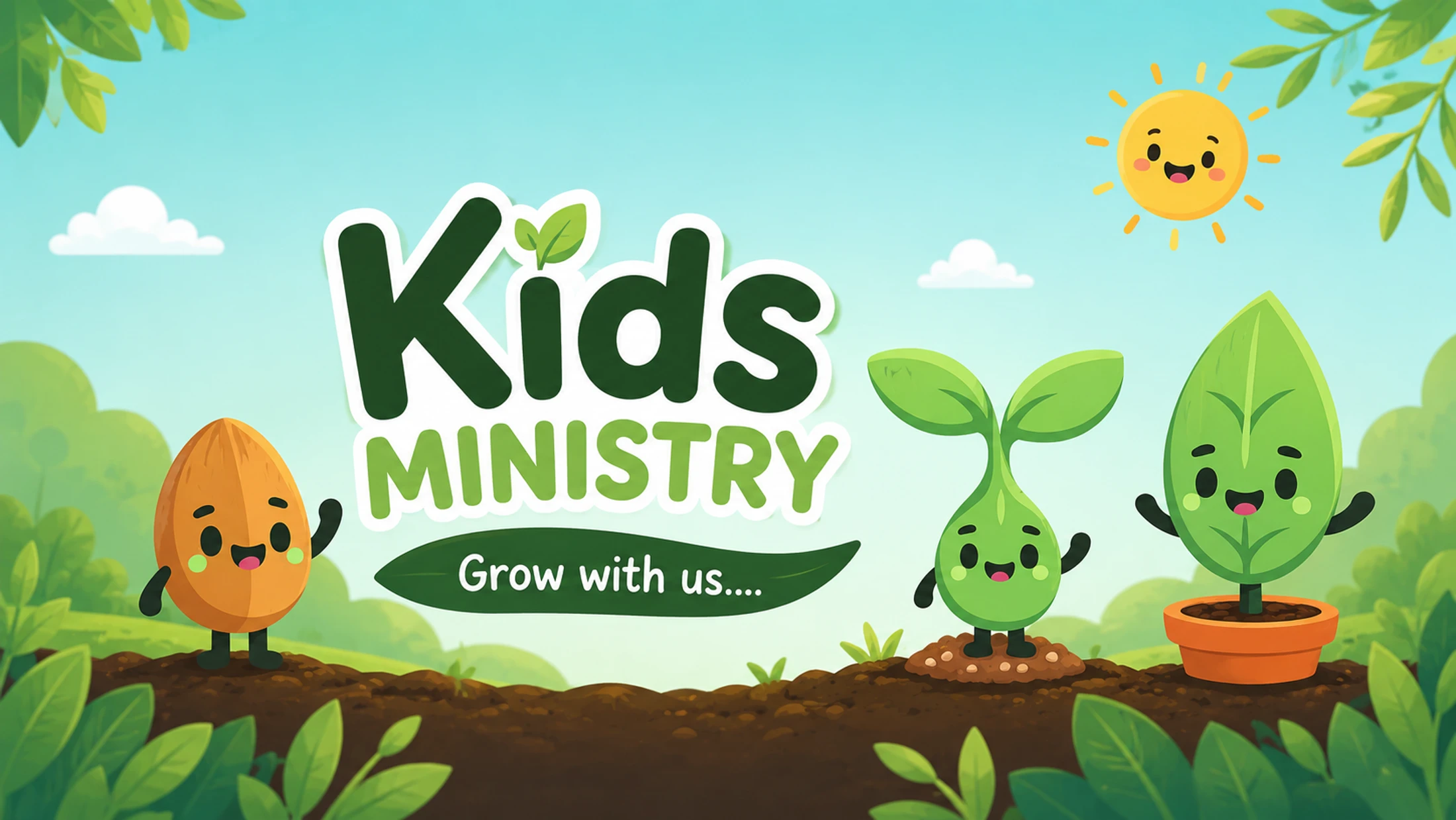A colorful cartoon for a Kids Ministry program, showing a happy seed, sprout, and plant character growing in the soil under a smiling sun.