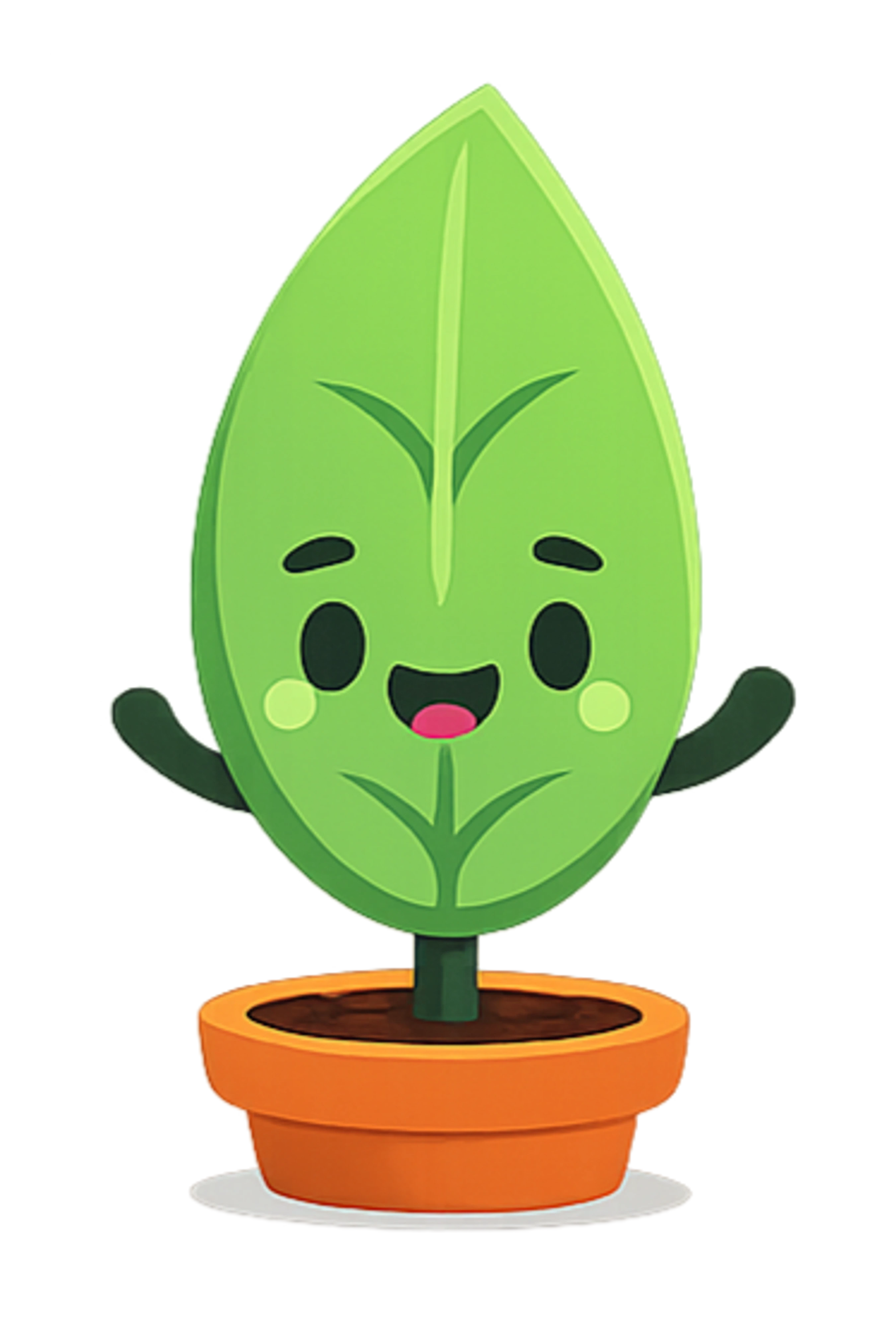 A cartoon illustration of a friendly green leaf with a smiling face and raised arms, growing in a small orange pot against a white background.