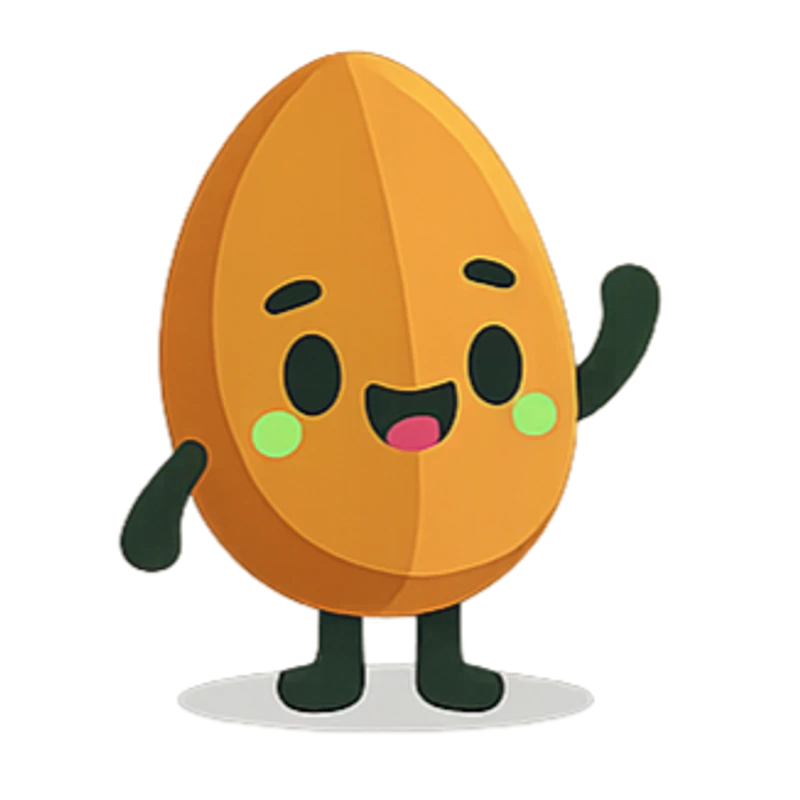 A cute, light brown almond-shaped cartoon character with a smiling face and rosy cheeks. It is standing and waving one hand.
