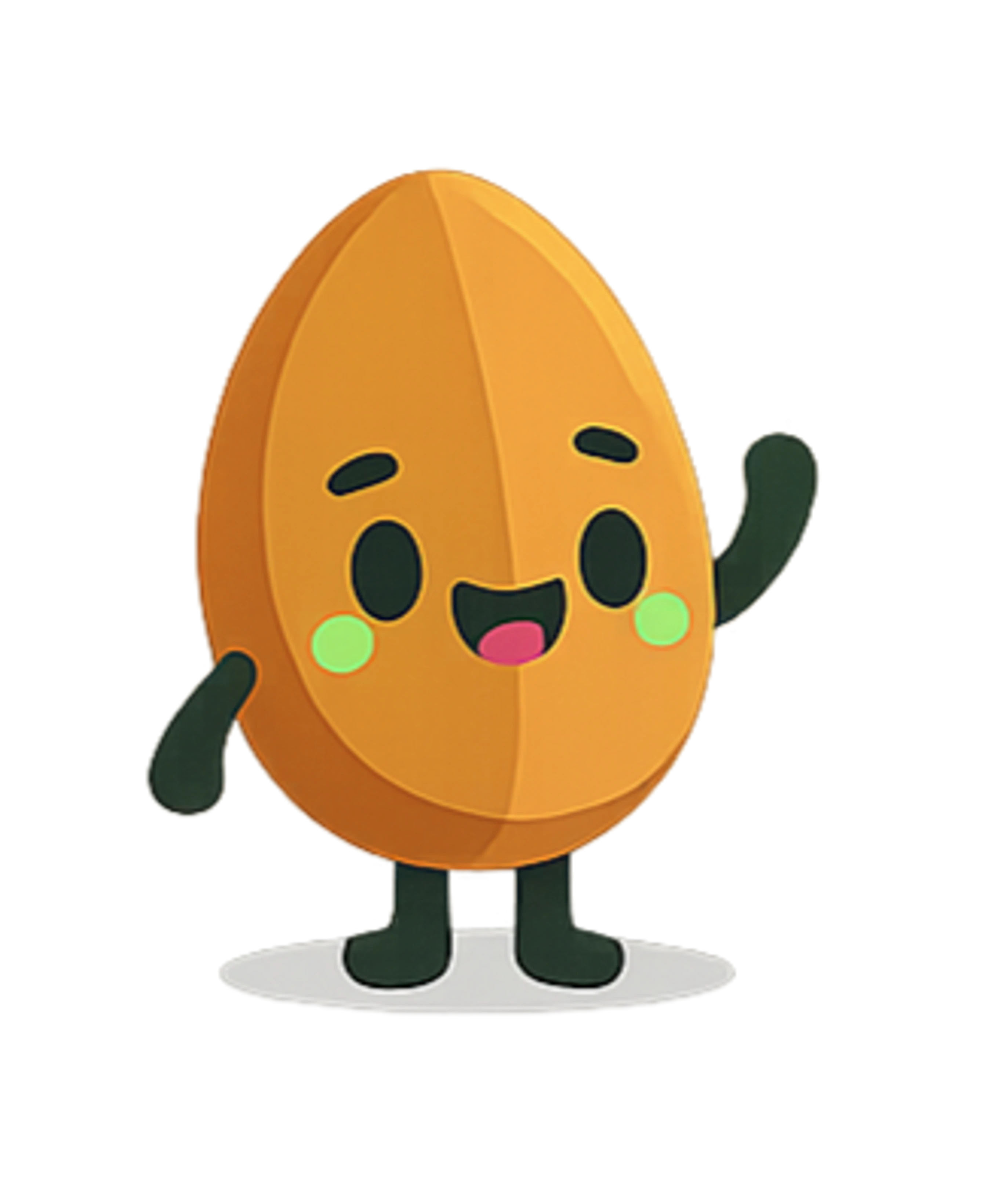 A cute, light brown almond-shaped cartoon character with a smiling face and rosy cheeks. It is standing and waving one hand.