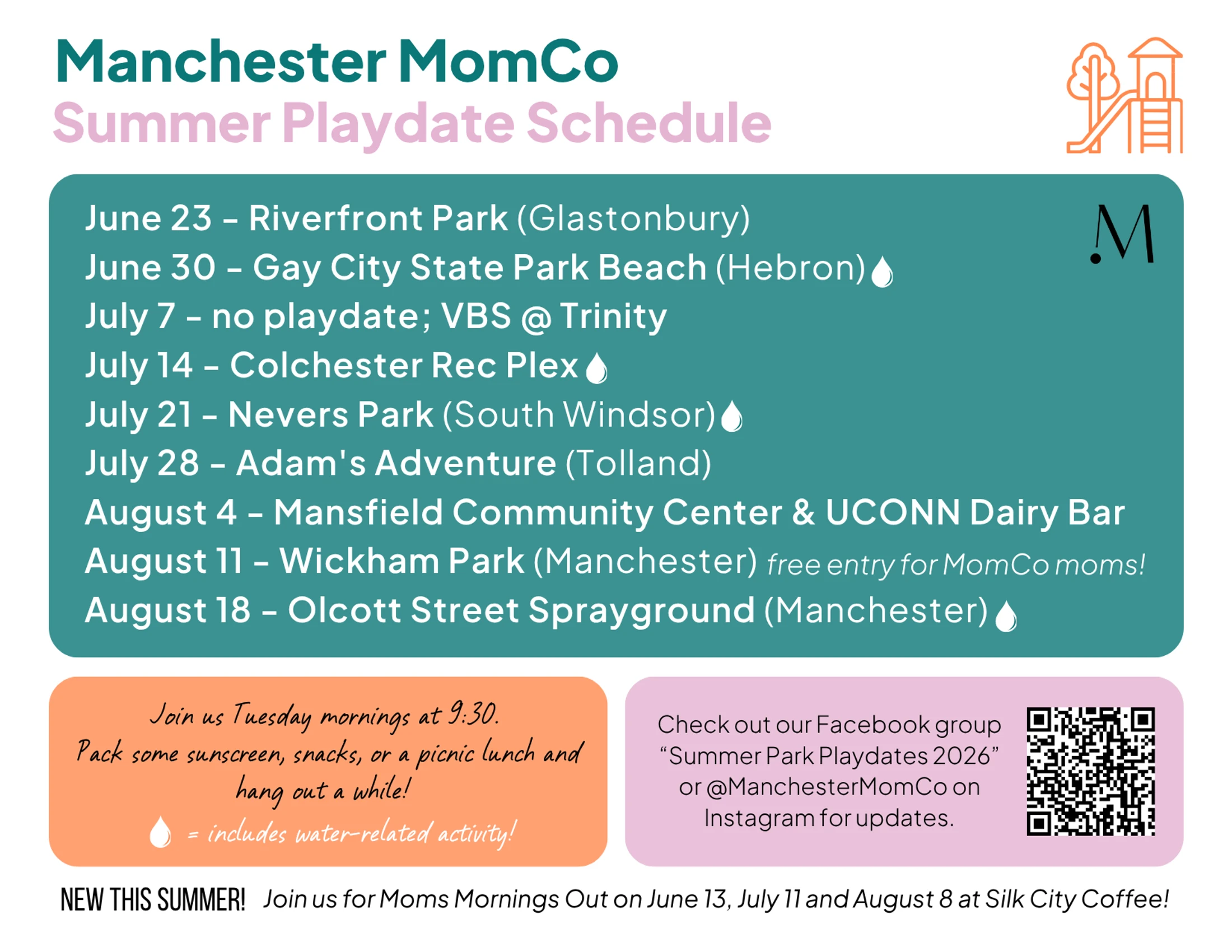 A colorful flyer for the Manchester MomCo Summer Playdate Schedule, listing weekly park locations and dates from June to August, with a QR code for updates.