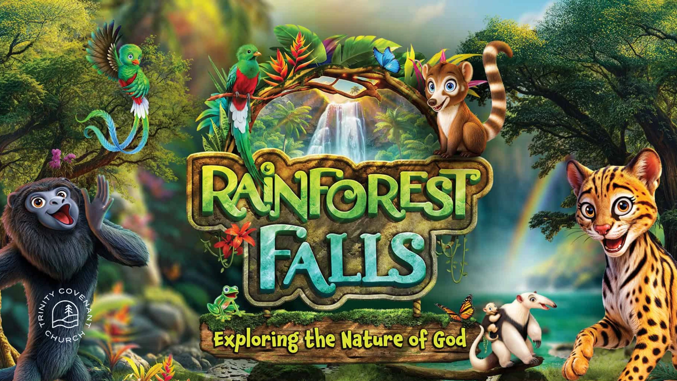 Cartoon rainforest animals surround a logo for "Rainforest Falls," an event by Trinity Covenant Church to explore the nature of God.
