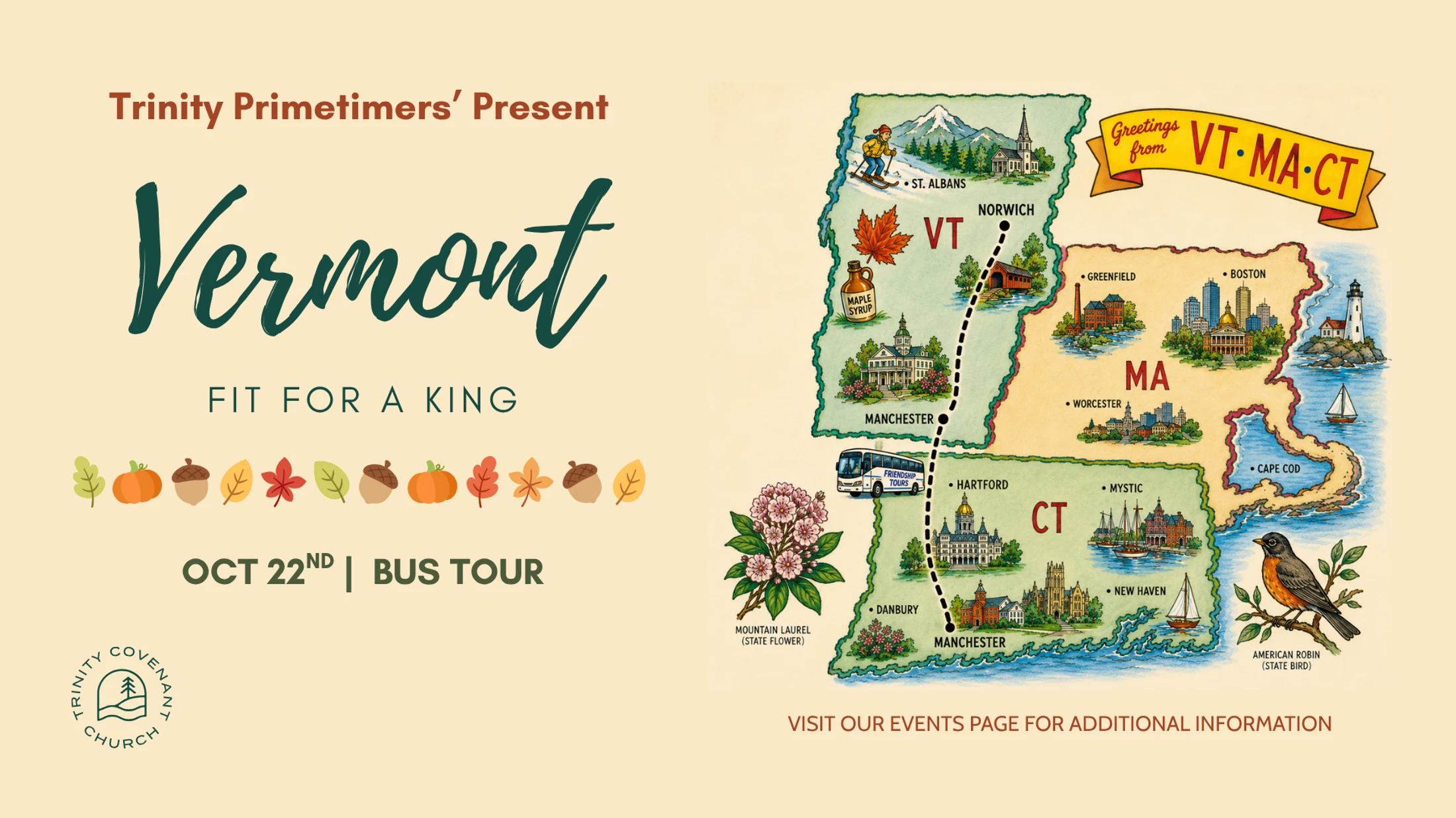 A flyer for a bus tour to Vermont on October 22nd. The left has event details, and the right shows an illustrated map of the tour through CT, MA, and VT.