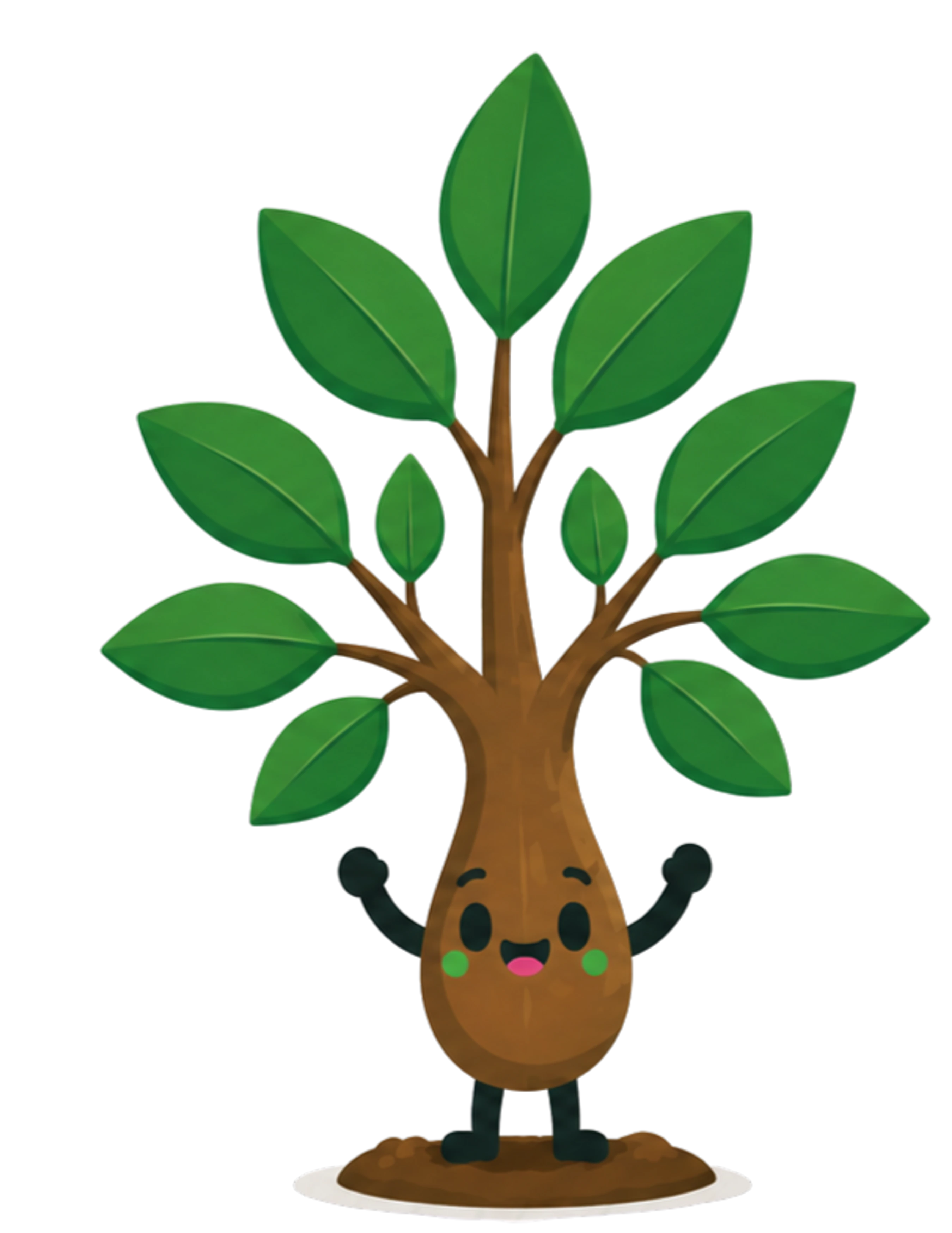 A cute cartoon illustration of a small, happy tree with a smiling face, arms, and legs. It has green leaves and is standing on a patch of soil.