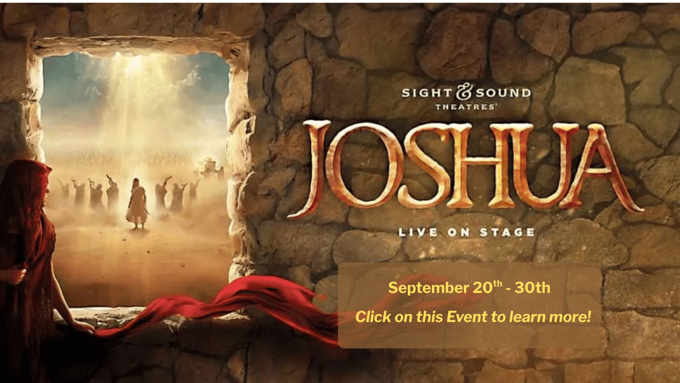 A promotional poster for the stage play 'Joshua'. A woman in a red hood looks out a stone window at a dramatic biblical scene in the desert under a bright sky.