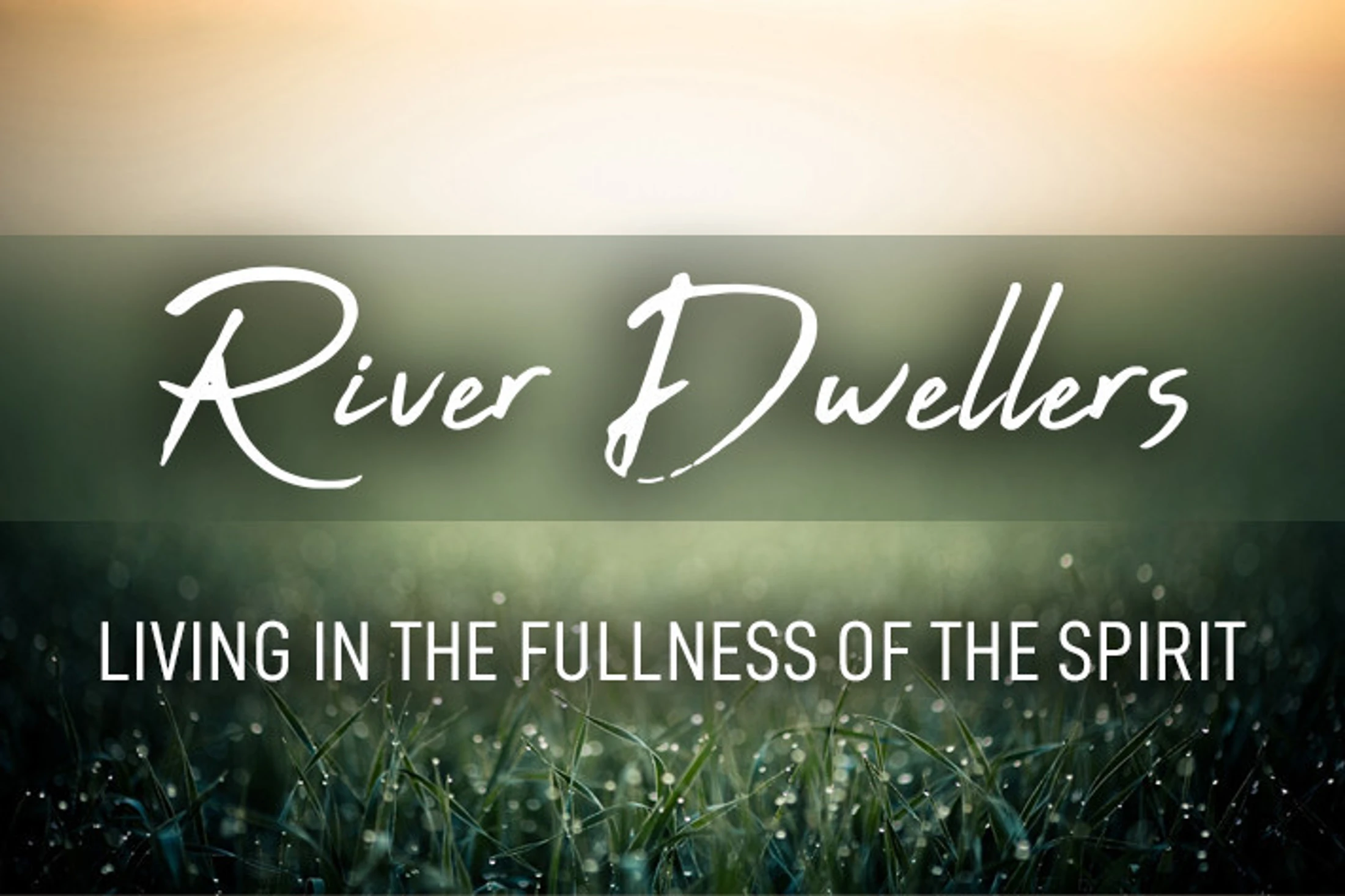 A graphic with text 'River Dwellers' and 'Living in the Fullness of the Spirit' over a background of dewy green grass and a blurry sunrise.