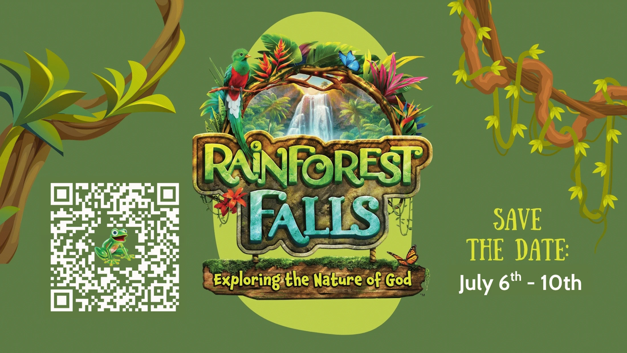 A promotional graphic for an event called Rainforest Falls from July 6th to 10th. It features a jungle theme with a waterfall, animals, and a QR code.