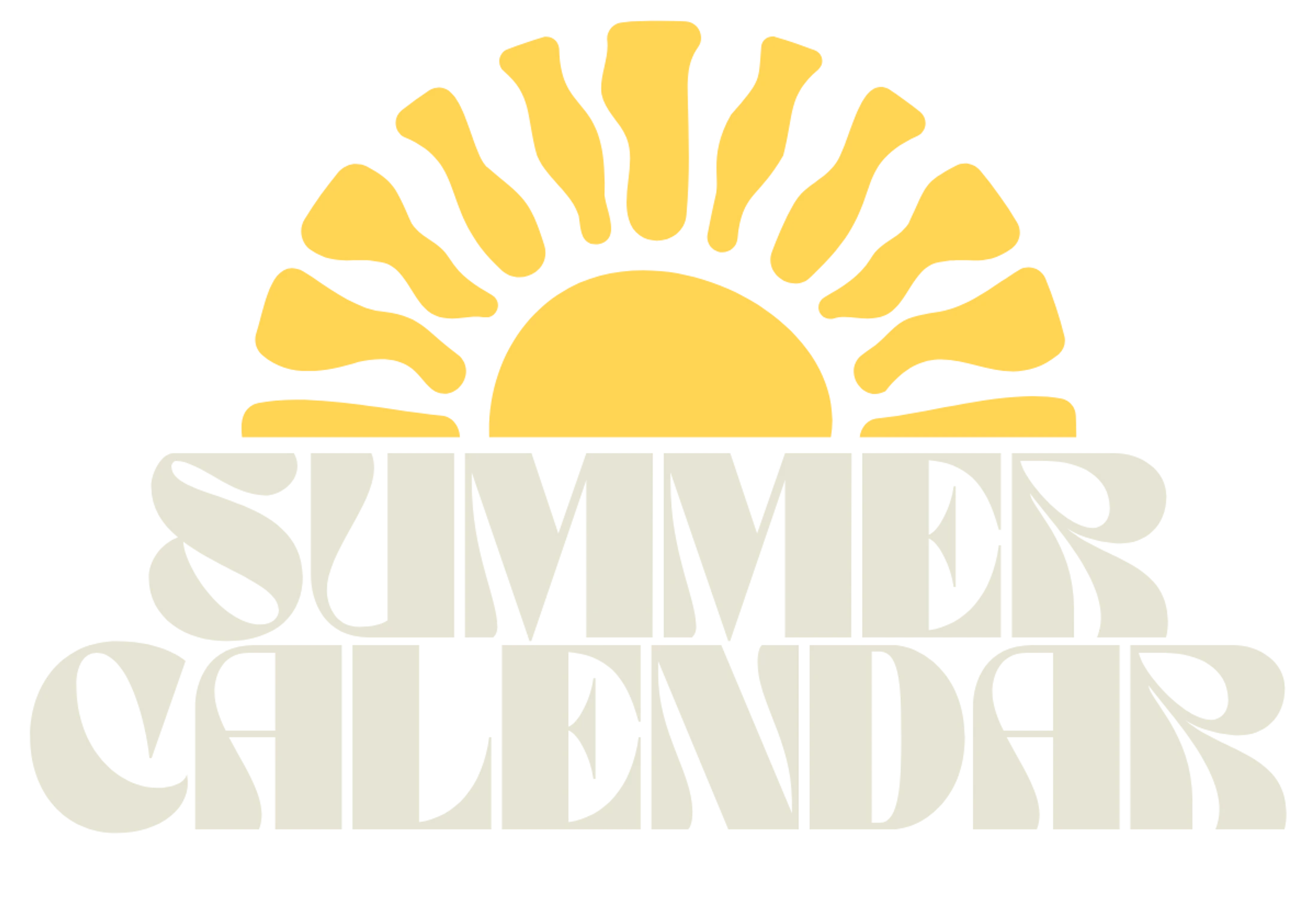 A graphic logo with a stylized yellow rising sun over the words 'Summer Calendar' written in a groovy, off-white, retro font.