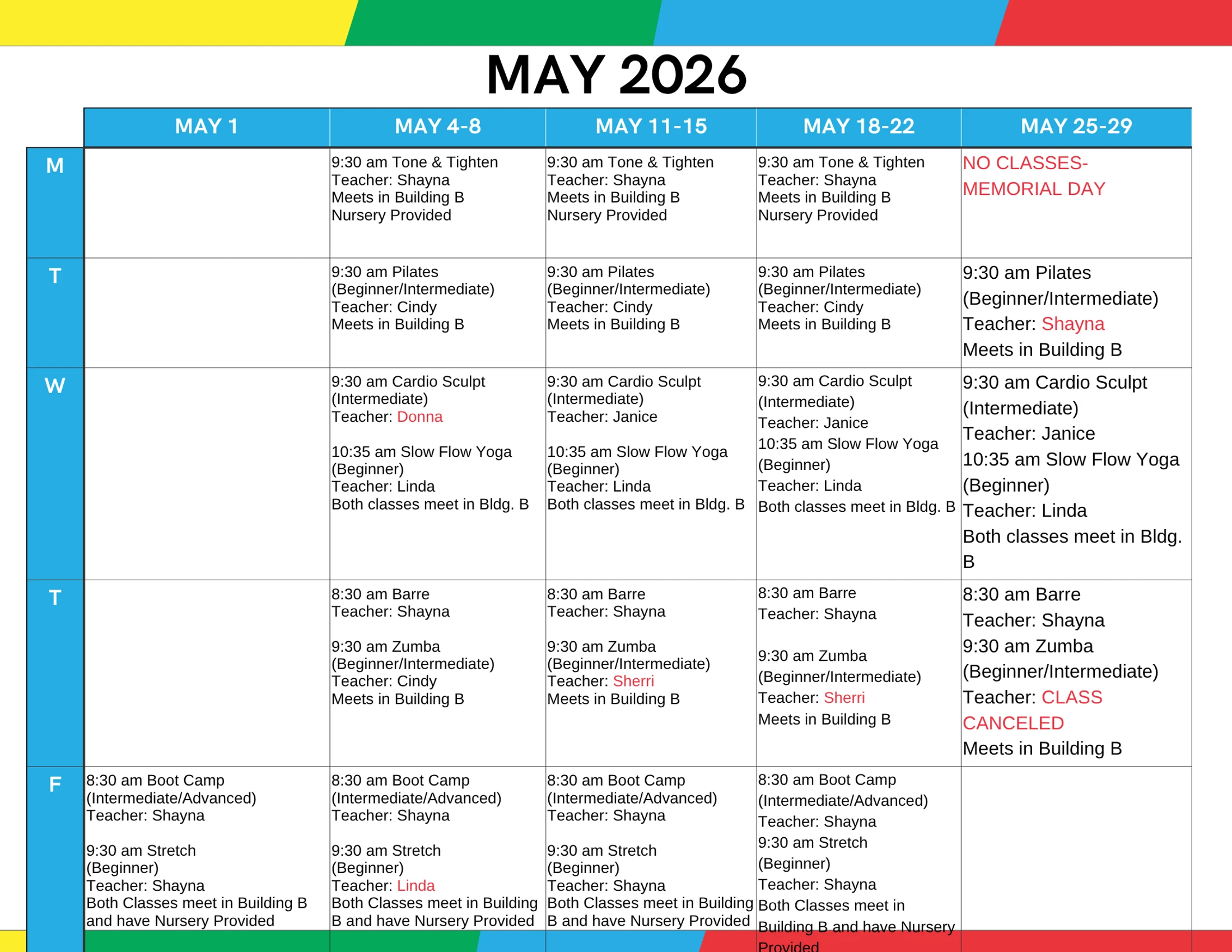 A weekly fitness class schedule for May 2026. The grid shows classes like yoga, Zumba, and pilates from Monday to Friday with times, teachers, and locations.