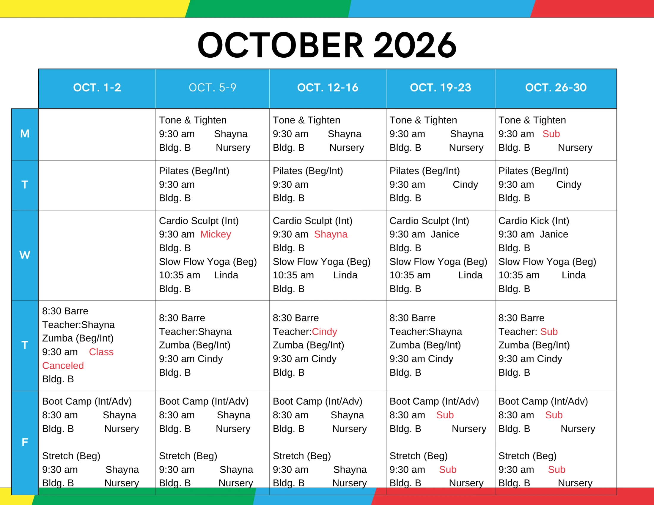 A weekly fitness class schedule for October 2026. The grid lists classes like Zumba, Pilates, and Boot Camp, showing times, instructors, and some cancellations.