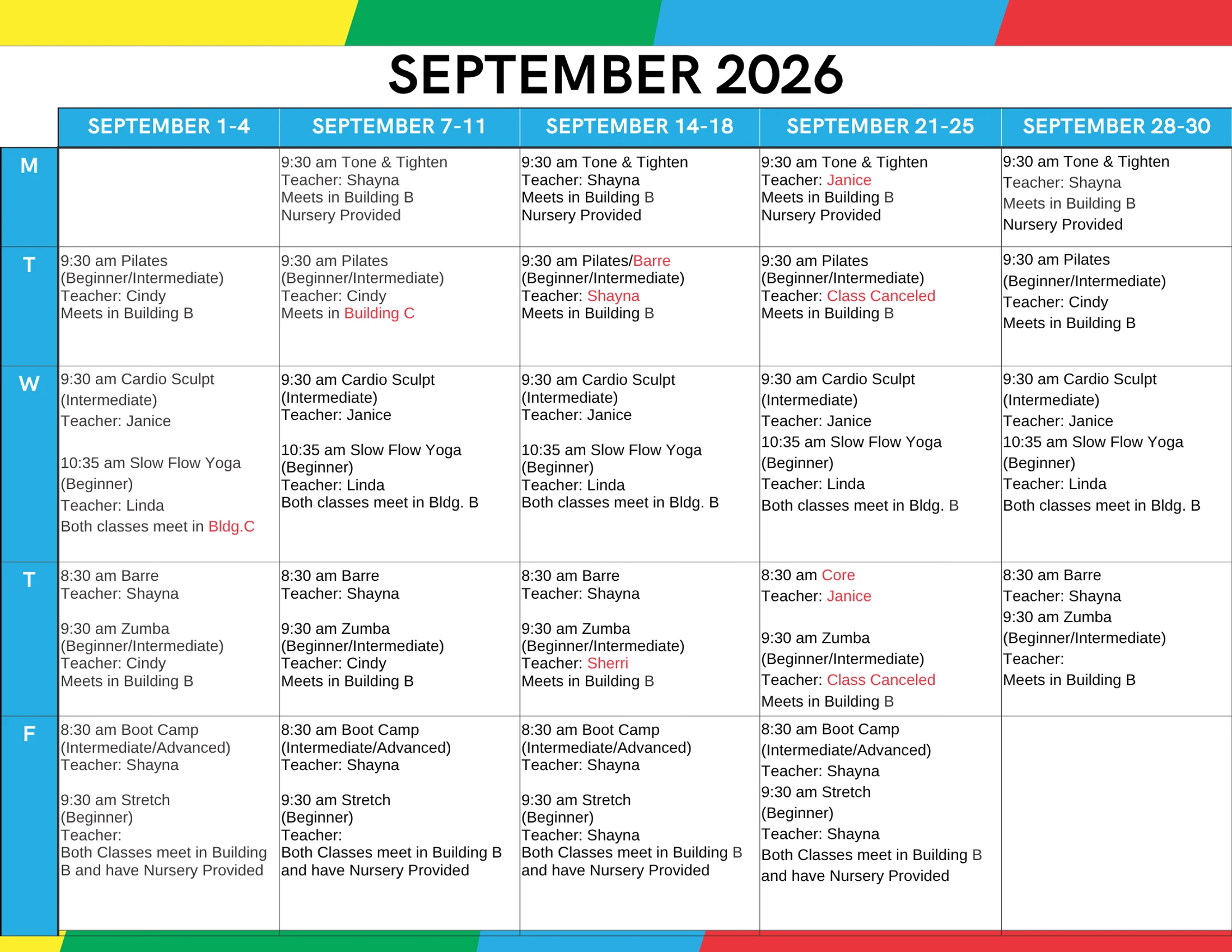 A weekly fitness class schedule for September 2026. The grid shows classes like Pilates, Yoga, and Zumba, with times, teachers, and locations for each day.