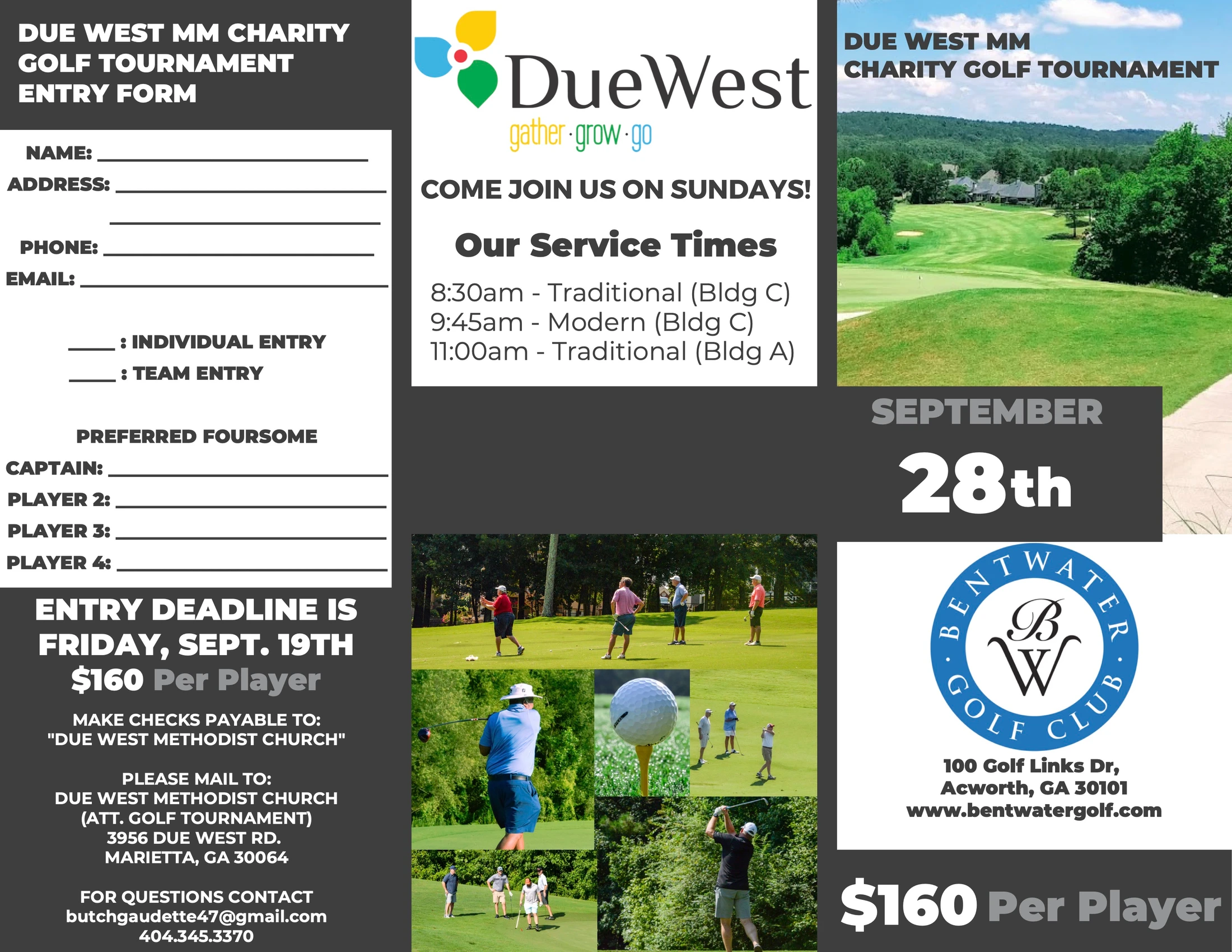Flyer for the Due West MM Charity Golf Tournament on September 28th, with an entry form, cost details, location, and a collage of photos of people golfing.