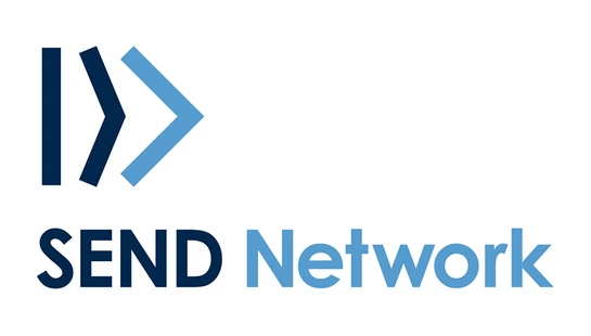 The logo for SEND Network, featuring a blue arrow-like icon above the text 'SEND Network' in dark and light blue lettering.