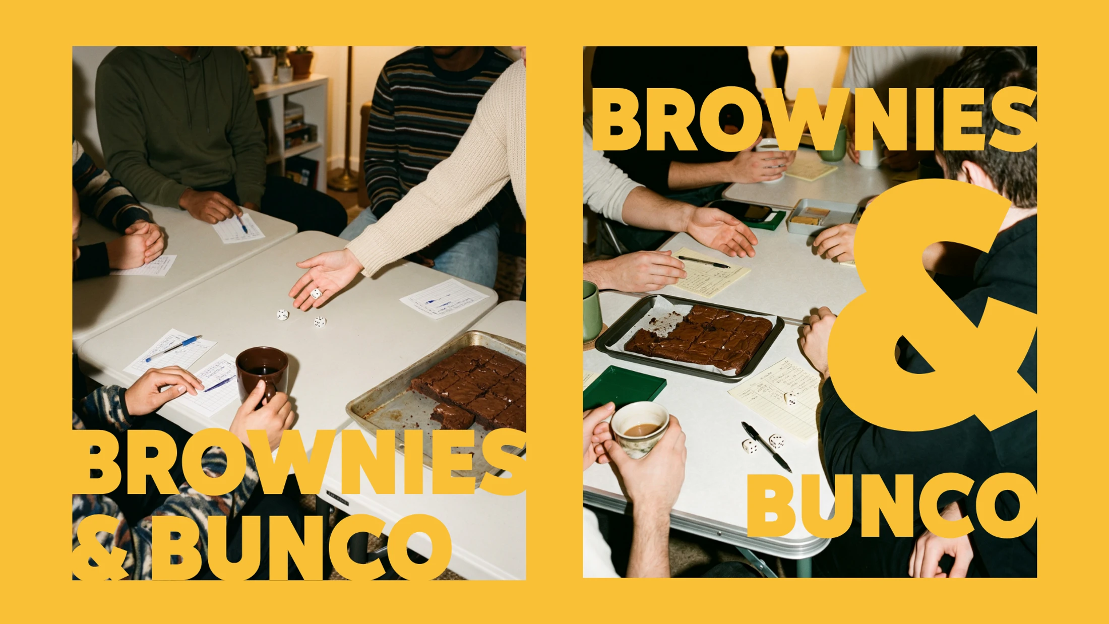 A graphic diptych shows friends playing the dice game Bunco around a table with a pan of brownies. The text 'Brownies & Bunco' is overlaid in yellow.