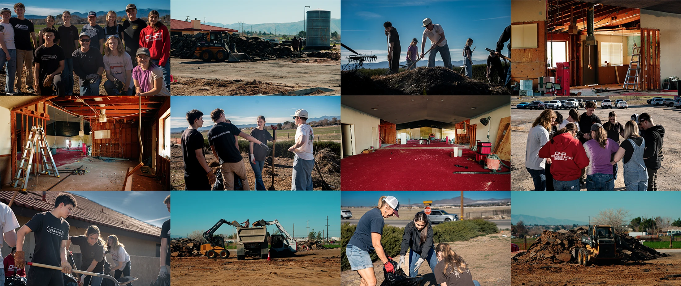 A photo collage showing groups of young people volunteering. They are seen demolishing a building's interior, clearing land outdoors, and posing for photos.