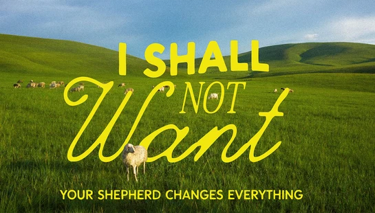 A flock of sheep grazing in a green, hilly pasture. Yellow text overlay reads 'I Shall Not Want' and 'Your Shepherd Changes Everything'.